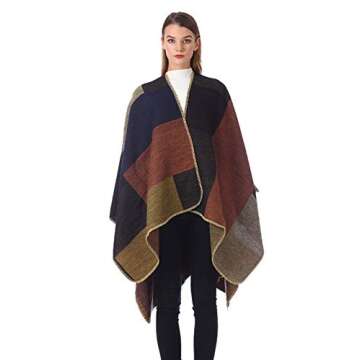 Bestshe Women's Boho Open Front Poncho Knitted Plaid Shawl Wrap Cape Tassel Cardigan Sweater