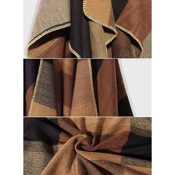 Bestshe Women's Boho Open Front Poncho Knitted Plaid Shawl Wrap Cape Tassel Cardigan Sweater