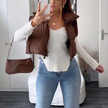 KEOMUD Women's Winter Crop Vest Lightweight Sleeveless Warm Outerwear Puffer Vest Padded Gilet Brown X-Small