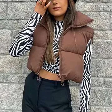 KEOMUD Women's Winter Crop Vest Lightweight Sleeveless Warm Outerwear Puffer Vest Padded Gilet Brown X-Small