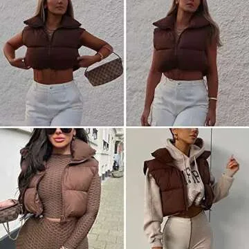 KEOMUD Women's Winter Crop Vest Lightweight Sleeveless Warm Outerwear Puffer Vest Padded Gilet Brown X-Small