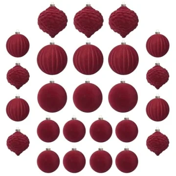 KI Store Velvet Christmas Balls Burgundy 25pcs Flocked Christmas Tree Ornaments Assortment for Xmas ...