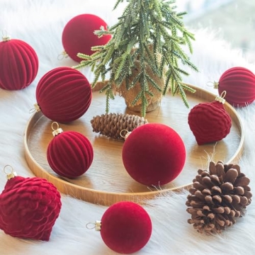 KI Store Velvet Christmas Balls Burgundy 25pcs Flocked Christmas Tree Ornaments Assortment for Xmas Tree Holiday Decor