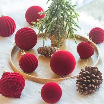 KI Store Velvet Christmas Balls Burgundy 25pcs Flocked Christmas Tree Ornaments Assortment for Xmas Tree Holiday Decor
