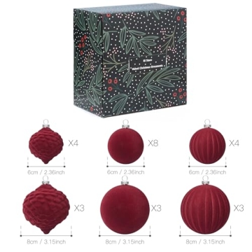 KI Store Velvet Christmas Balls Burgundy 25pcs Flocked Christmas Tree Ornaments Assortment for Xmas Tree Holiday Decor