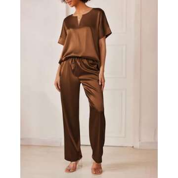 Ekouaer Satin Pajama Set Womens Silk Short Sleeve V Neck Shirt with Long Pant Soft Loungewear Pjs Set Brown