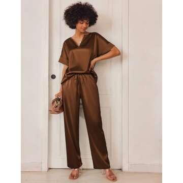 Ekouaer Satin Pajama Set Womens Silk Short Sleeve V Neck Shirt with Long Pant Soft Loungewear Pjs Set Brown