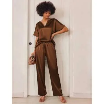 Ekouaer Satin Pajama Set Womens Silk Short Sleeve V Neck Shirt with Long Pant Soft Loungewear Pjs Set Brown