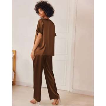 Ekouaer Satin Pajama Set Womens Silk Short Sleeve V Neck Shirt with Long Pant Soft Loungewear Pjs Set Brown