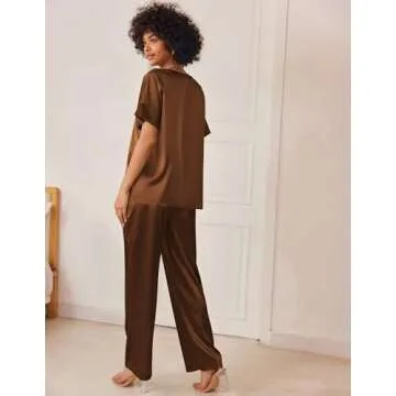 Ekouaer Satin Pajama Set Womens Silk Short Sleeve V Neck Shirt with Long Pant Soft Loungewear Pjs Set Brown