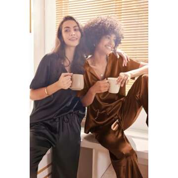 Ekouaer Satin Pajama Set Womens Silk Short Sleeve V Neck Shirt with Long Pant Soft Loungewear Pjs Set Brown