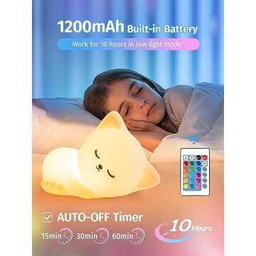 Mubarek Night Light for Kids, 16 Colors Dimmable Kids Night Light lamp, Remote Silicone Night Light for Baby Nursery, Rechargeable Cute Lamp Cat Lamp,Timer Toddler Night Light,Nightlight for Kids Room