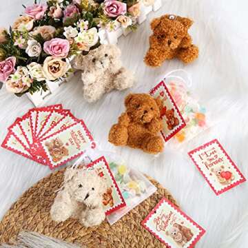 Deekin Set of 24 Valentine's Day Mini Plush Bears with Greeting Cards and Organza Bags for Valentines Day Gifts Stuffed Little Pocket Bears for Valentine Exchange Cards School Classroom Prize Party