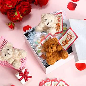 Deekin Set of 24 Valentine's Day Mini Plush Bears with Greeting Cards and Organza Bags for Valentines Day Gifts Stuffed Little Pocket Bears for Valentine Exchange Cards School Classroom Prize Party