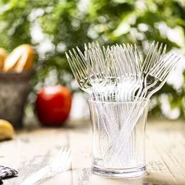 Comfy Package [300 Pack] Heavyweight Clear Plastic Forks with Engraved Design - Disposable Sturdy Plastic Utensils for Parties, Weddings, and Events
