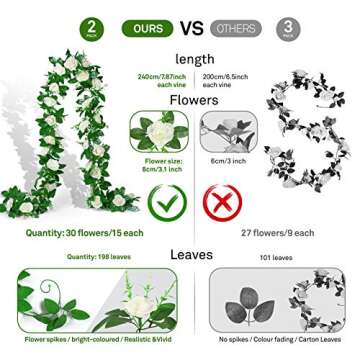 EPLST 2 Pack/ 15.7 FT Artificial Flowers Lifelike Silk Decorative Faked Flower Rose Vine Rattan Cane Garland Wall Hang Plant Wedding Party Home Garden Hotel Office Arch Arrangement Decoration (White)