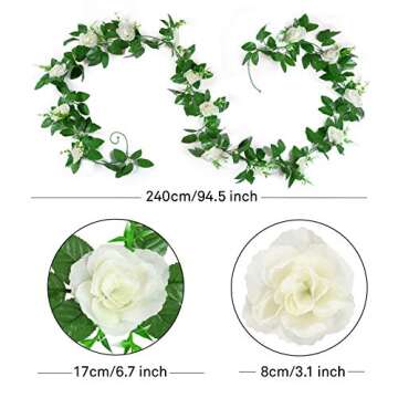 EPLST 2 Pack/ 15.7 FT Artificial Flowers Lifelike Silk Decorative Faked Flower Rose Vine Rattan Cane Garland Wall Hang Plant Wedding Party Home Garden Hotel Office Arch Arrangement Decoration (White)