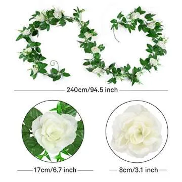 EPLST 2 Pack/ 15.7 FT Artificial Flowers Lifelike Silk Decorative Faked Flower Rose Vine Rattan Cane Garland Wall Hang Plant Wedding Party Home Garden Hotel Office Arch Arrangement Decoration (White)