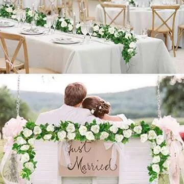 EPLST 2 Pack/ 15.7 FT Artificial Flowers Lifelike Silk Decorative Faked Flower Rose Vine Rattan Cane Garland Wall Hang Plant Wedding Party Home Garden Hotel Office Arch Arrangement Decoration (White)