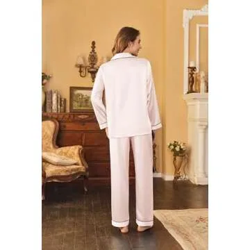 Ekouaer Women's Classic Button Down Long Satin Silk Pajama Set,Large,Pastel Pink