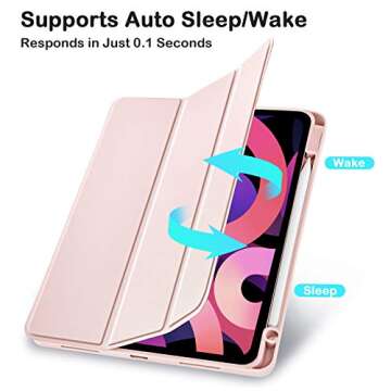 SIWENGDE for iPad Air 5th/4th Generation 2022/2020 10.9 Inch Case with Pencil Holder [Support iPad 2nd Pencil Charging and Touch ID], Trifold Stand Smart Cover with Soft TPU Back(Pink)