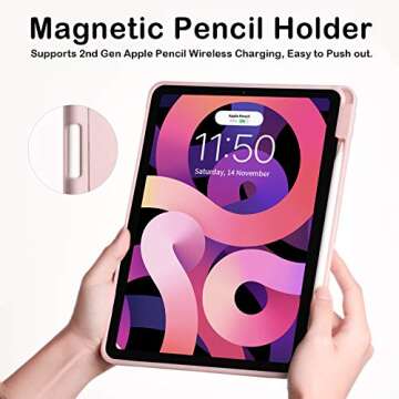 SIWENGDE for iPad Air 5th/4th Generation 2022/2020 10.9 Inch Case with Pencil Holder [Support iPad 2nd Pencil Charging and Touch ID], Trifold Stand Smart Cover with Soft TPU Back(Pink)