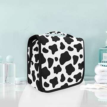 ALAZA Black And White Cow Print Travel Toiletry Bag Hanging Multifunction Cosmetic Case Portable Mak...