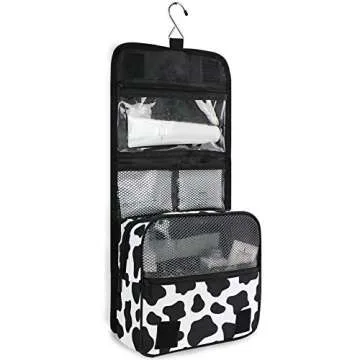 ALAZA Black And White Cow Print Travel Toiletry Bag Hanging Multifunction Cosmetic Case Portable Makeup Pouch Organizer with Hook