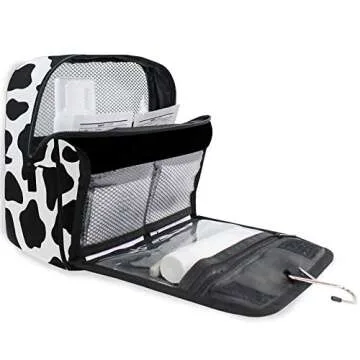 ALAZA Black And White Cow Print Travel Toiletry Bag Hanging Multifunction Cosmetic Case Portable Makeup Pouch Organizer with Hook