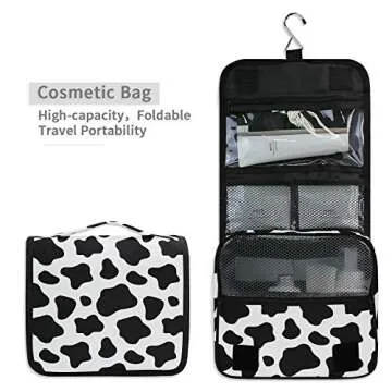 ALAZA Black And White Cow Print Travel Toiletry Bag Hanging Multifunction Cosmetic Case Portable Makeup Pouch Organizer with Hook
