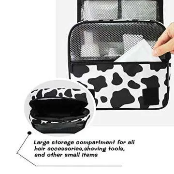 ALAZA Black And White Cow Print Travel Toiletry Bag Hanging Multifunction Cosmetic Case Portable Makeup Pouch Organizer with Hook