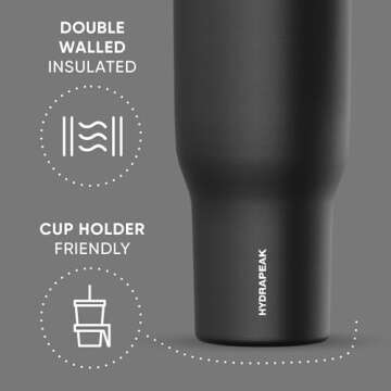 Hydrapeak Voyager 40 Oz Stainless Steel Tumbler with Handle, Insulated Water Bottle With Straw & Lid, Cupholder Friendly Reusable Travel Mug (Black)