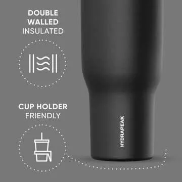 Hydrapeak Voyager 40 Oz Stainless Steel Tumbler with Handle, Insulated Water Bottle With Straw & Lid, Cupholder Friendly Reusable Travel Mug (Black)