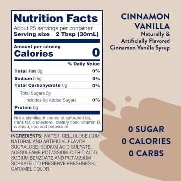 Jordan's Skinny Syrups Cinnamon Vanilla, Sugar Free Flavoring Syrup, 25.4 Ounce Bottle