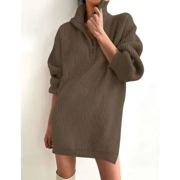 ZESICA Women's Long Sleeve Mini Sweater Dress Fall Quarter Zip Ribbed Knit Oversized Pullover Jumper Sweaters,Coffee,Medium