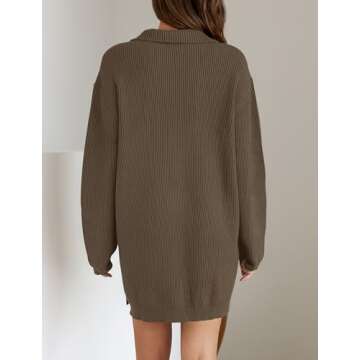ZESICA Women's Long Sleeve Mini Sweater Dress Fall Quarter Zip Ribbed Knit Oversized Pullover Jumper Sweaters,Coffee,Medium