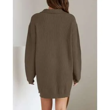 ZESICA Women's Long Sleeve Mini Sweater Dress Fall Quarter Zip Ribbed Knit Oversized Pullover Jumper Sweaters,Coffee,Medium