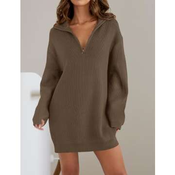 ZESICA Women's Long Sleeve Mini Sweater Dress Fall Quarter Zip Ribbed Knit Oversized Pullover Jumper Sweaters,Coffee,Medium