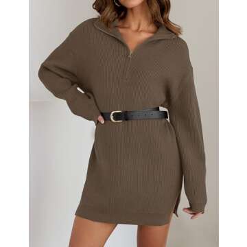 ZESICA Women's Long Sleeve Mini Sweater Dress Fall Quarter Zip Ribbed Knit Oversized Pullover Jumper Sweaters,Coffee,Medium