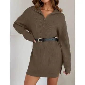 ZESICA Women's Long Sleeve Mini Sweater Dress Fall Quarter Zip Ribbed Knit Oversized Pullover Jumper Sweaters,Coffee,Medium