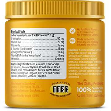 Zesty Paws Calming Chews for Cats - Composure & Relaxation for Everyday Stress & Separation - with Ashwagandha, Organic Chamomile, L-Theanine & L-Tryptophan – Bacon - 60 Count - Cat