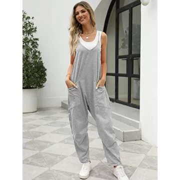 Trendy Queen Jumpsuits for Women Casual Summer Onesie Rompers Sleeveless Loose Baggy Overalls Jumpers, Grey, S