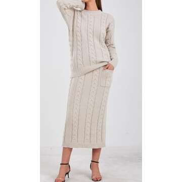 loveimgs Women's Trendy Chunky Cable Knit Long Skirt 2 Piece Outfit Sweater Sets (XX-Large, Apricot)