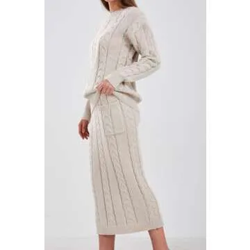 loveimgs Women's Trendy Chunky Cable Knit Long Skirt 2 Piece Outfit Sweater Sets (XX-Large, Apricot)