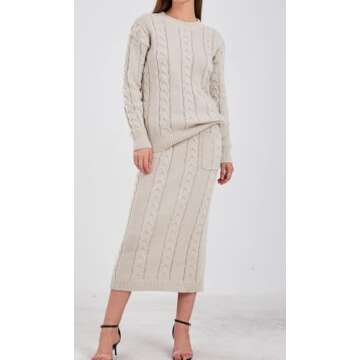 loveimgs Women's Trendy Chunky Cable Knit Long Skirt 2 Piece Outfit Sweater Sets (XX-Large, Apricot)