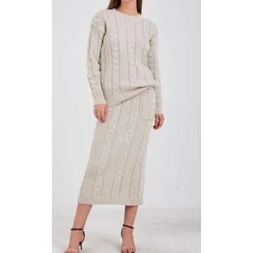 loveimgs Women's Trendy Chunky Cable Knit Long Skirt 2 Piece Outfit Sweater Sets (XX-Large, Apricot)