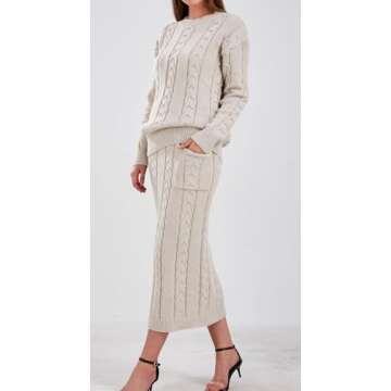 loveimgs Women's Trendy Chunky Cable Knit Long Skirt 2 Piece Outfit Sweater Sets (XX-Large, Apricot)
