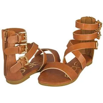 bebe Girls Toddler/Little Kid Wide Strap Flat Gladiator Sandals with Back Zipper and Buckles 9 Cognac
