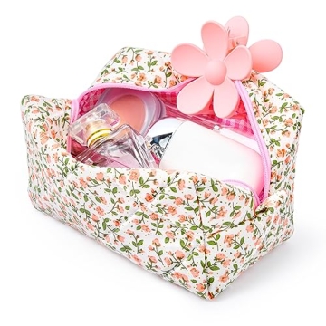 SOIDRAM Quilted Floral Makeup Bag - Cute, Travel-Friendly Cosmetic Organizer