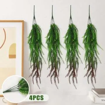 RECUTMS 4 Pack 31.5”Artificial Ferns Plants Vine Fake Ivy Boston Outdoor Plastic Hanging Decor for Indoor Walls, Weddings, Patios, Porches,Kitchen (Red)